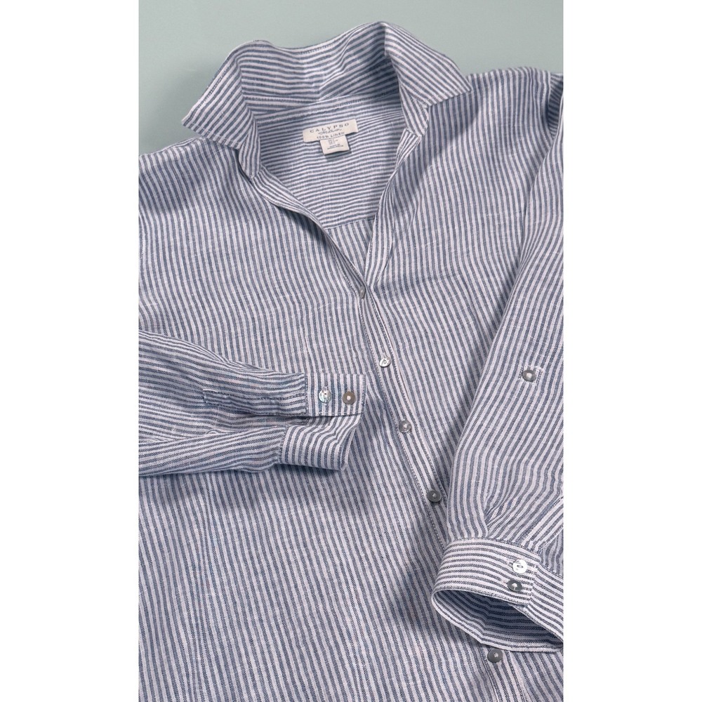 Calypso St. Barth 100% Linen Striped Button Shirt Blouse Top Blue Womens - Large